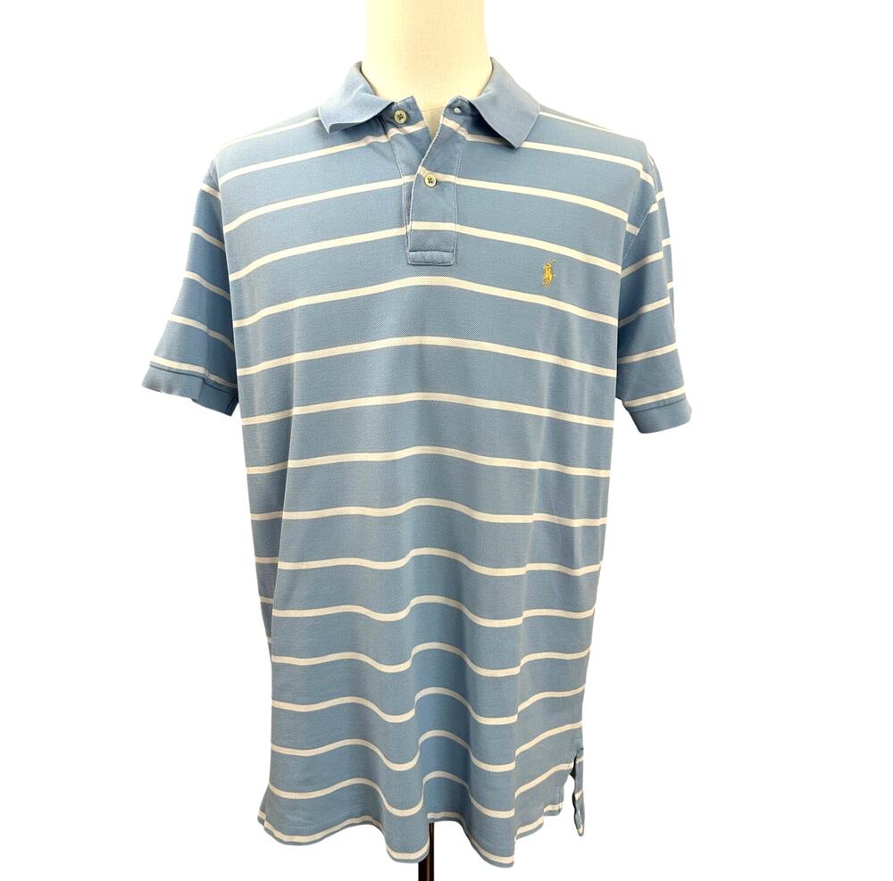 Polo Ralph Lauren Blue White Striped Pique Polo Shirt Yellow Pony Size XL Preppy